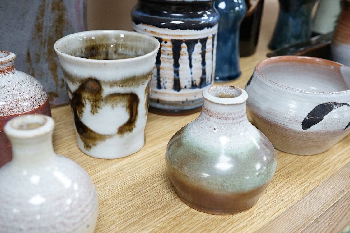 A collection of studio pottery to include a Celtic pottery Newlyn goblet, various jugs and bowls, largest 19cm high